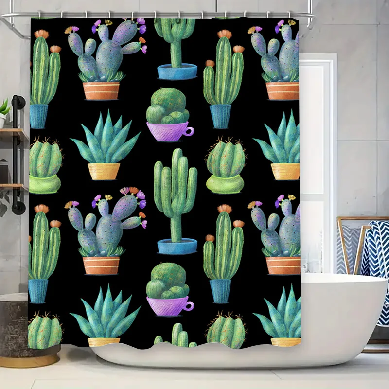 

Занавеска для душа «Кактус», декоративная подкладка для ванной комнаты с сочным принтом, черный фон, фиолетово-зеленые горшки, размер W72 x L84 дюймов (