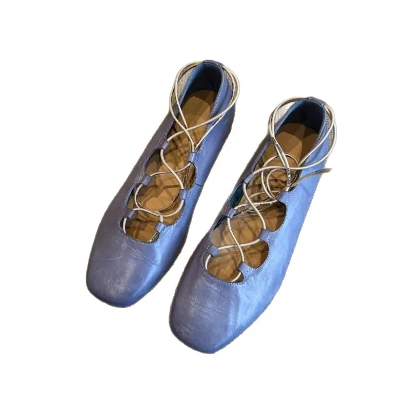 

Size 34-40 2026 Women's Cross Lace-Up Square Toe Hollow Out Flat Casual Shoes for Women Ballet Flats Casual Daily Shoes