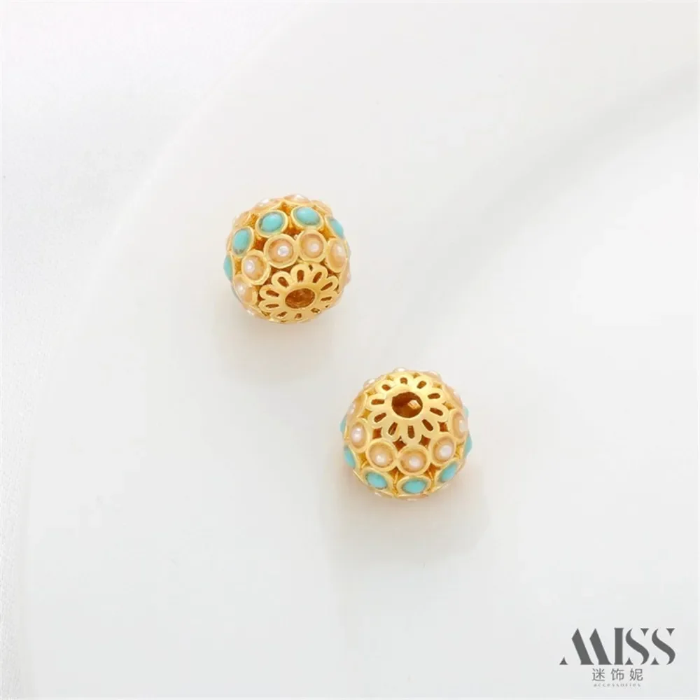 18K الذهب حقيبة اللون ماتي الذهب مطعمة الفيروز اللؤلؤ الجوف حبة نقل حبة سوار ذاتي الصنع قلادة مجوهرات اكسسوارات