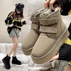 Winter Outdoor Women Ankle Snow Boots Ladies Plush Warm Shoes Classic Ultra Platform Cow Suede Furry Hook & Loop Flat Booties