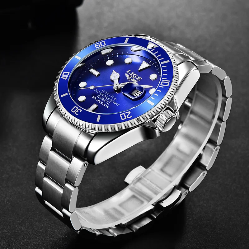 LIGE Sports Mens Watch Business Calendar Man Quartz Wristwatch Waterproof Luminous Stainless Steel Watches For Men Reloj Hombre