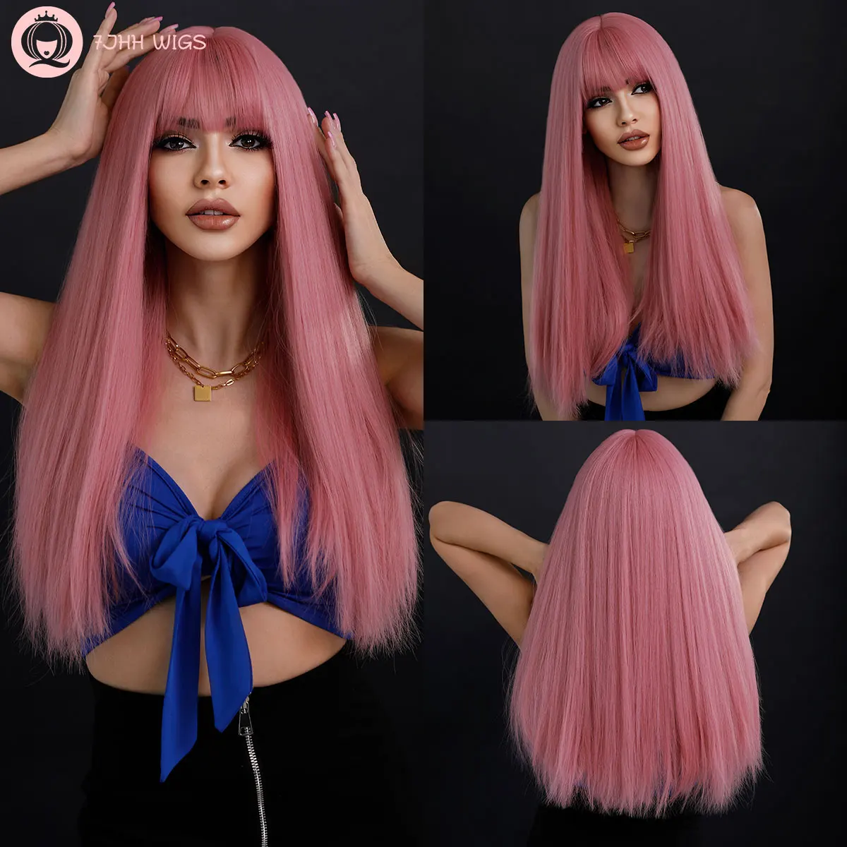 

7JHH WIGS Light Pink Wig with Bang Straight Wig for Women Synthetic Neon Pink Wig Colorful Cosplay Party Wigs 23" Pink Hair