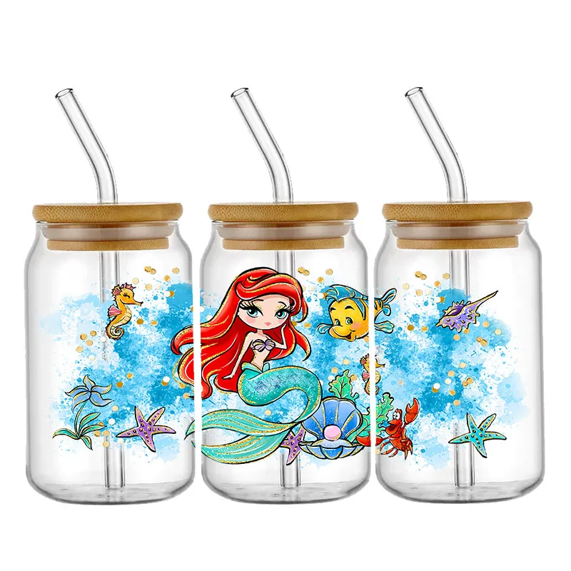 Ariel Mermaid Princess 16oz UV DTF Cup Wrap Cartoon Libbey Glass Can Tumbler Transfer Stickers Waterproof Permanent Adhesive