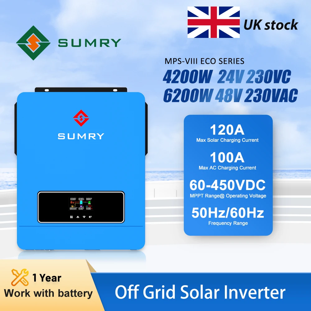 Sumry 4.2/6.2kw Hybrid Solar Inverter 24/48V Dual Output on/off Grid Pure Sine Wave 60~450V with 120A MPPT Charge Controller