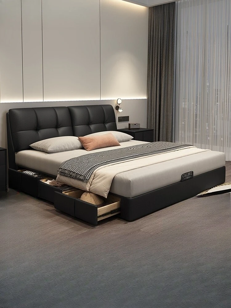 

Bread bed master bedroom high-end atmosphere black minimalist storage modern minimalist soft bag double leather bed