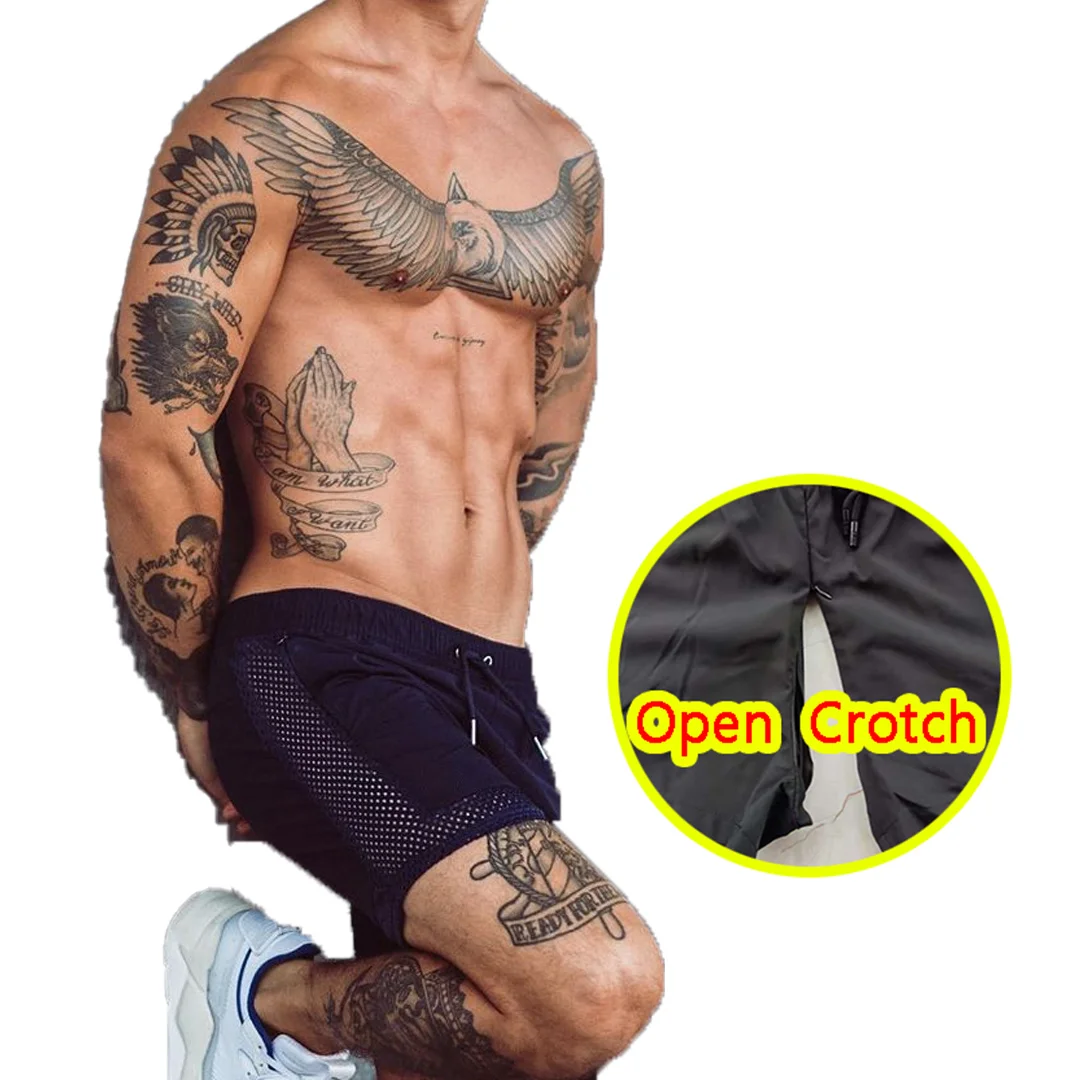 Man Sport Open Crotch Pants Double Zippers Breathable Mesh Crotchless Shorts Sweatshorts Adult Party Costume Outdoor Fitness