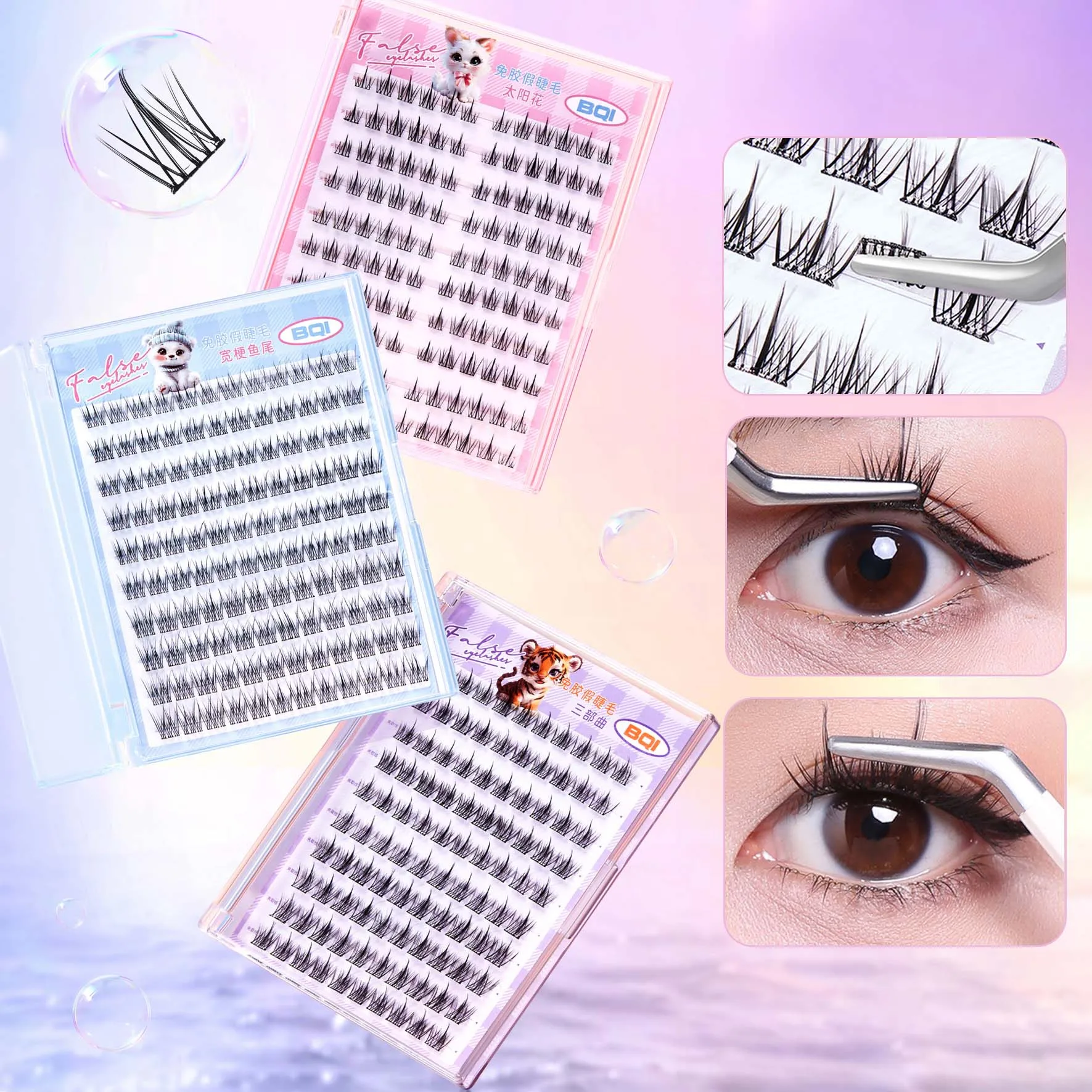 10 Reihen leimfreie falsche Wimpern mit großem Fassungsvermögen, Einzelcluster, 10–12 mm, C-gekräuselte, natürliche, selbstklebende falsche Wimpern