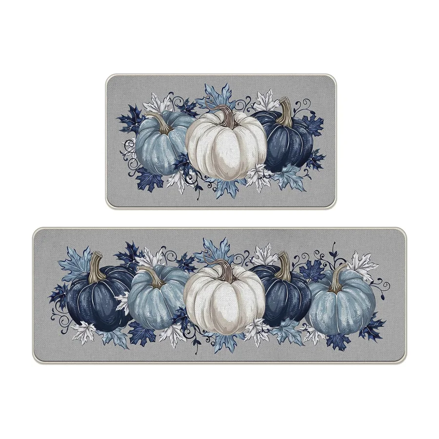 Fall Blue White Pumpkin Kitchen Mat Autumn Decor Anti-slip Corridor Balcony Rugs Maple Leaves Floor Mats Thanksgiving Decoration