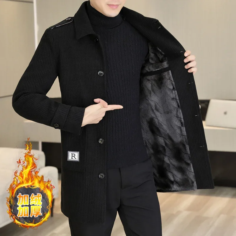 Winter Medium Length Woolen Jacket for Men Plush and Thicken Trench Coat Slim Casual Business Social Streetwear Overcoat