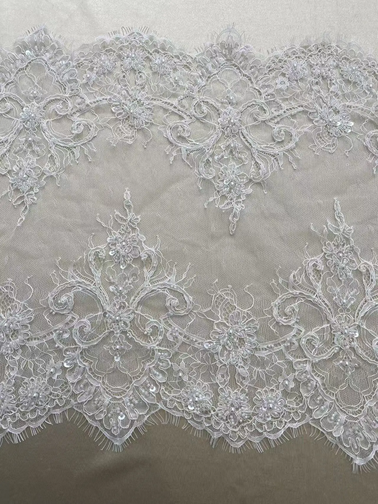3 Meters French Chantilly Lace Trims with Double Side Scalloped, Beaded Lace Trim, Bridal Lace Fabric, Veil Lace, Wedding Lace