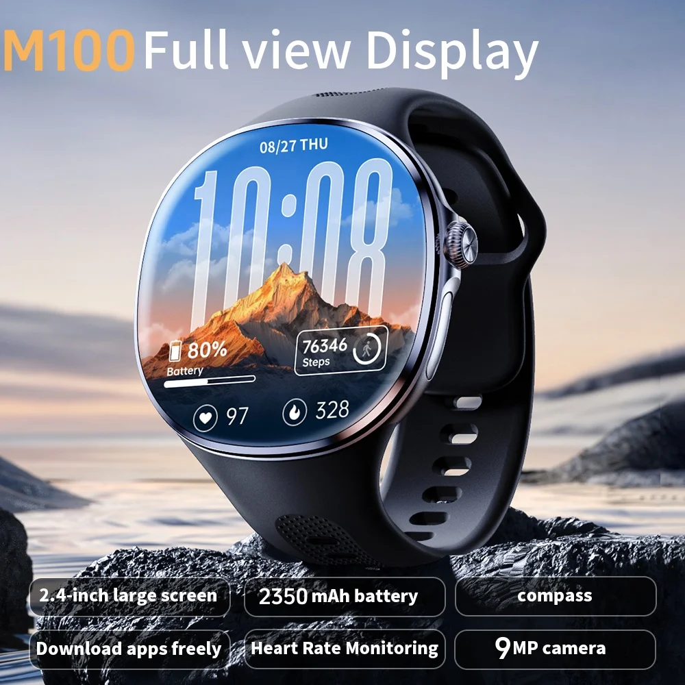 M100 5G LTE Smartwatch 2.4inch Larger Amoled Screen Smart Watch With 1TB Rom  190° Rotating Camera Dual System 2350Mah Battery