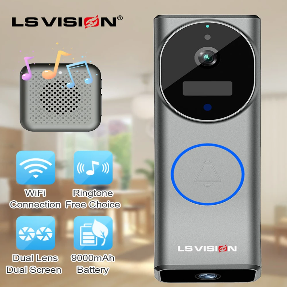 

LS VISION Dual Camera Video Doorbell 2K Dual Screen with Chime HD Wireless Doorbell Cameras Motion Detection Battery Powered