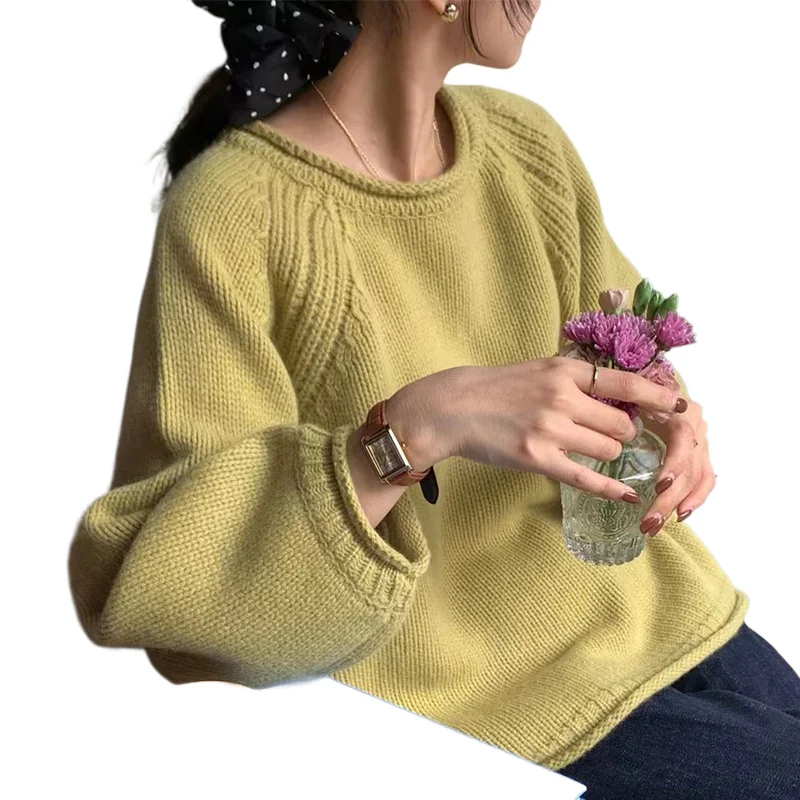 

Casual Solid Sweater Fashion Loose Round Neck Long Sleeve Knitted Pullover Autumn Elegant Women Top Korean Style Sweater