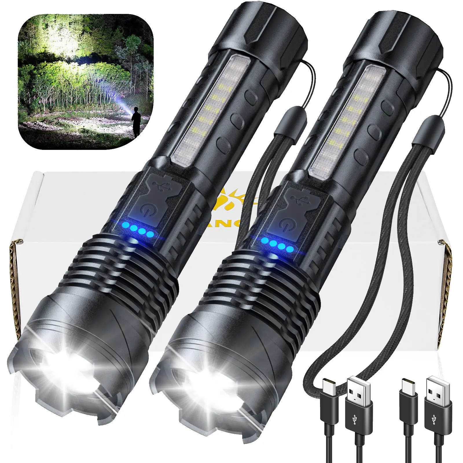 ไฟฉายลูเมนสูงแบบชาร์จได้ 2 ชิ้น ไฟฉาย LED สว่างพิเศษ 7 โหมดแสง ไฟฉายกันน้ำสำหรับกรณีฉุกเฉินในบ้าน