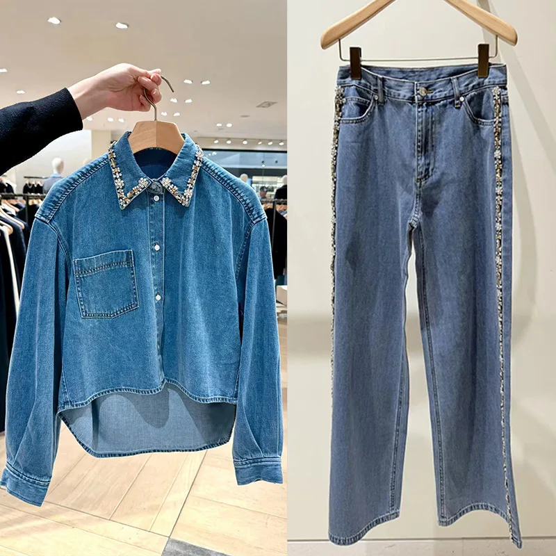 2026 Early Spring French Niche Shiny Floral Polo Collar Denim Shirt Side Rhinestone Embellished Pants Two-Piece Set Women