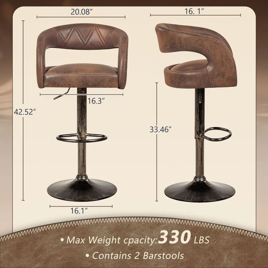 Bar Stools Set of 2 Adjustable Swivel Modern Pu Leather Barstools, Counter Bar Stools with Back and Arms, for Kitchen, Bar Dark