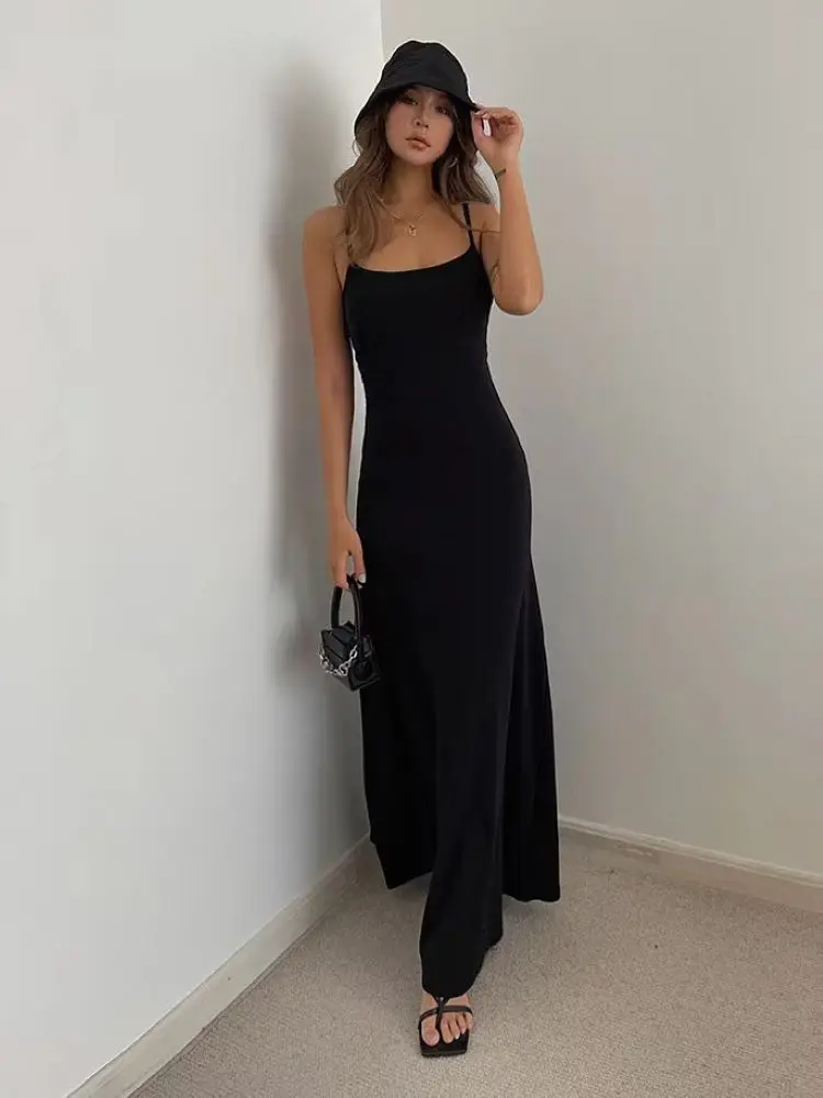 Woman Spring Summer Style Bodycon Dress Female Sexy Sleeveless Spaghetti Strap Split Sheath Dress 2024 New Long Slim Dress