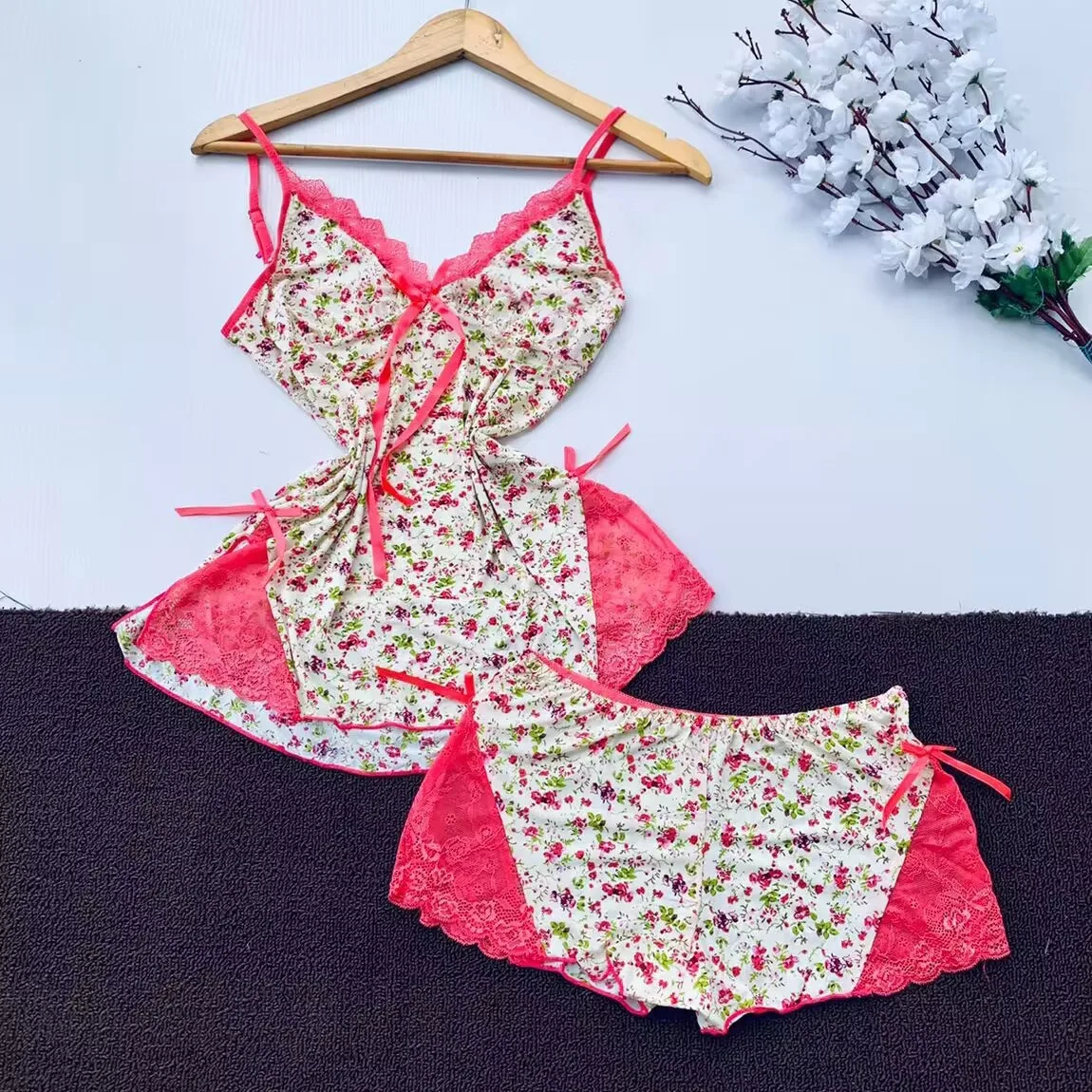 2 Pieces Set Women's Pajama Shorts Suit Floral Print Sling Sexy Undedrwear Set Female Camisoles Tanks Lace Patchwork Shorts Sets