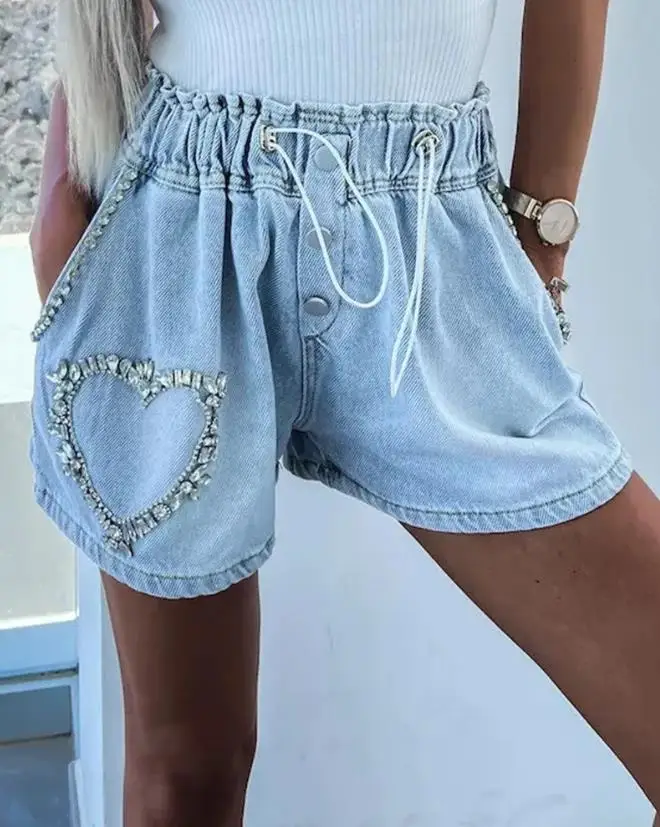 Y2K 2023 Summer New Casual Fashion Cargo Shorts Temperament Commuting Rhinestone Heart Pattern Drawstring Trending Denim Shorts