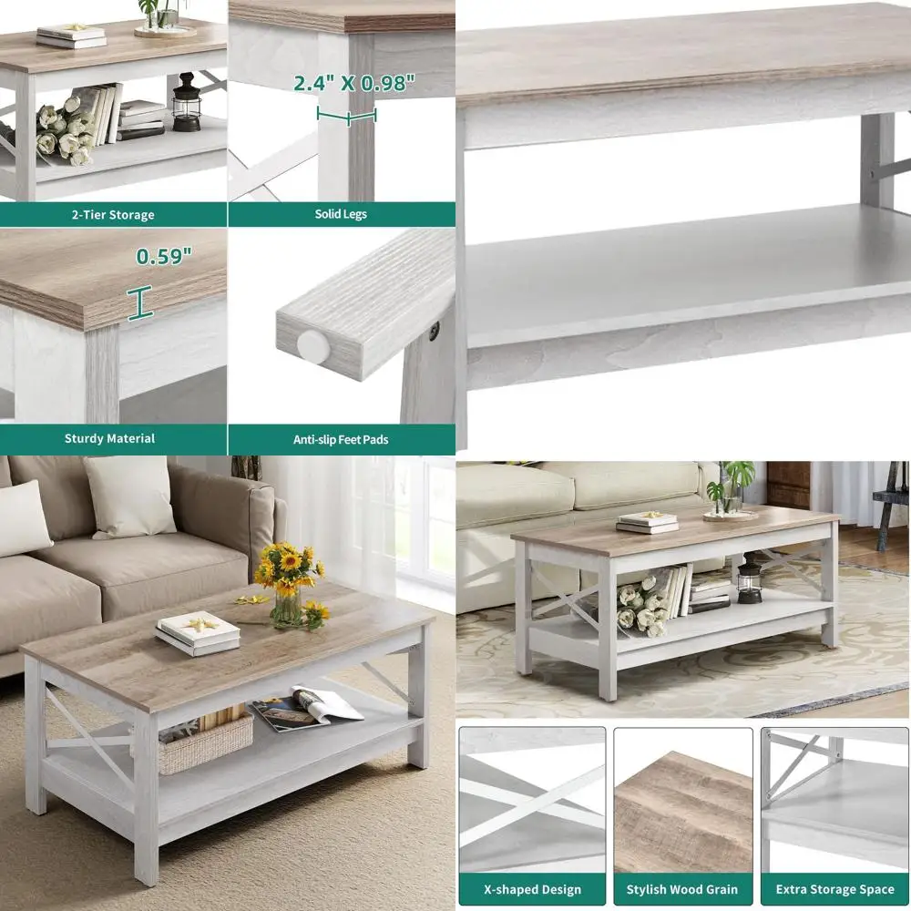 طاولة قهوة حديثة على طراز المزرعة مع مساحة تخزين، طاولة خشبية مكونة من طبقتين لغرفة المعيشة، لمسة نهائية باللون الرمادي