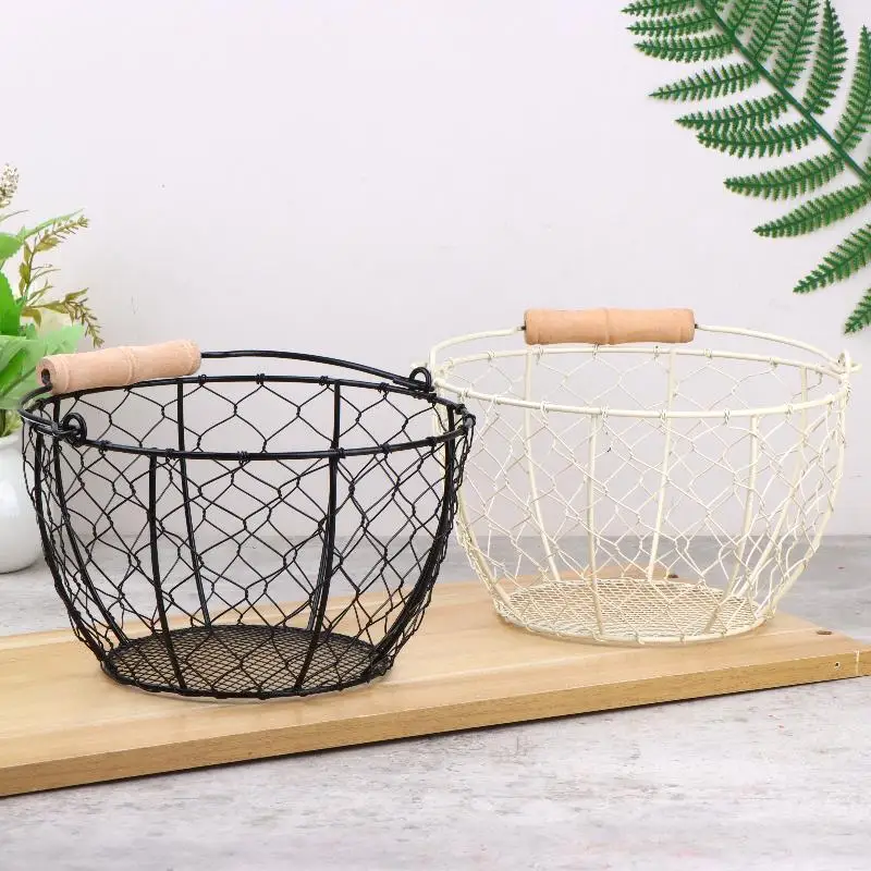 Egg Basket Round Metal Wire With Handle Multipurpose Food Storage Organizer Fruit Vegetable Holder