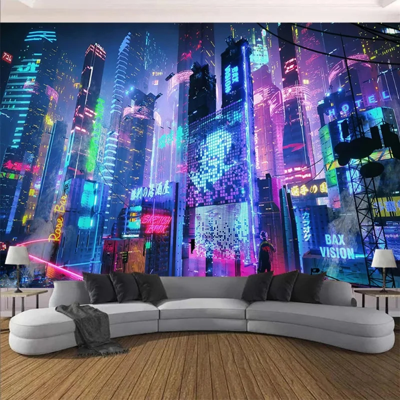 VIKAMA Cyberpunk City Tapestry Neon Night Scene Art Wall Hanging Bedroom Living Room Esports Room Home Decoration