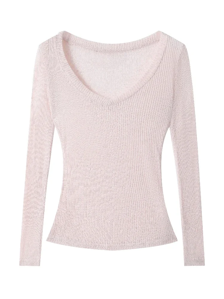 Dünnes Sonnenschutz-Langarmshirt 2026 Sommer Neu V-Ausschnitt Damen T-Shirt Lässiger Stil Durchsichtig Einfarbiges Überzug-Top – Detail 4