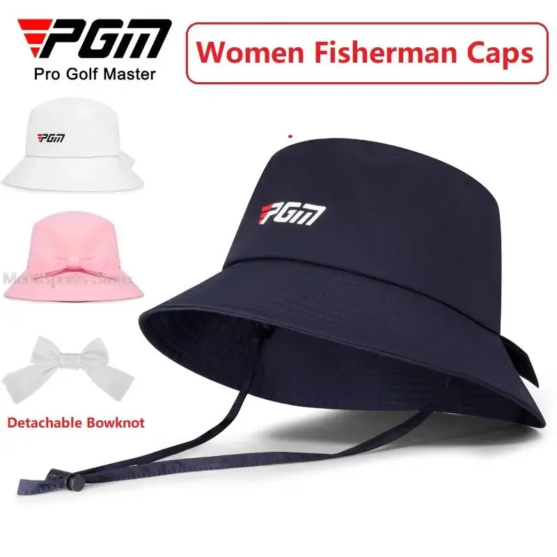 Pgm Golf Bucket Hat Women\'s Bowknot Sports Fisherman Cap Ladies Big Brim Sun Visor Seaside Sun Protection Uv Beach Headwear