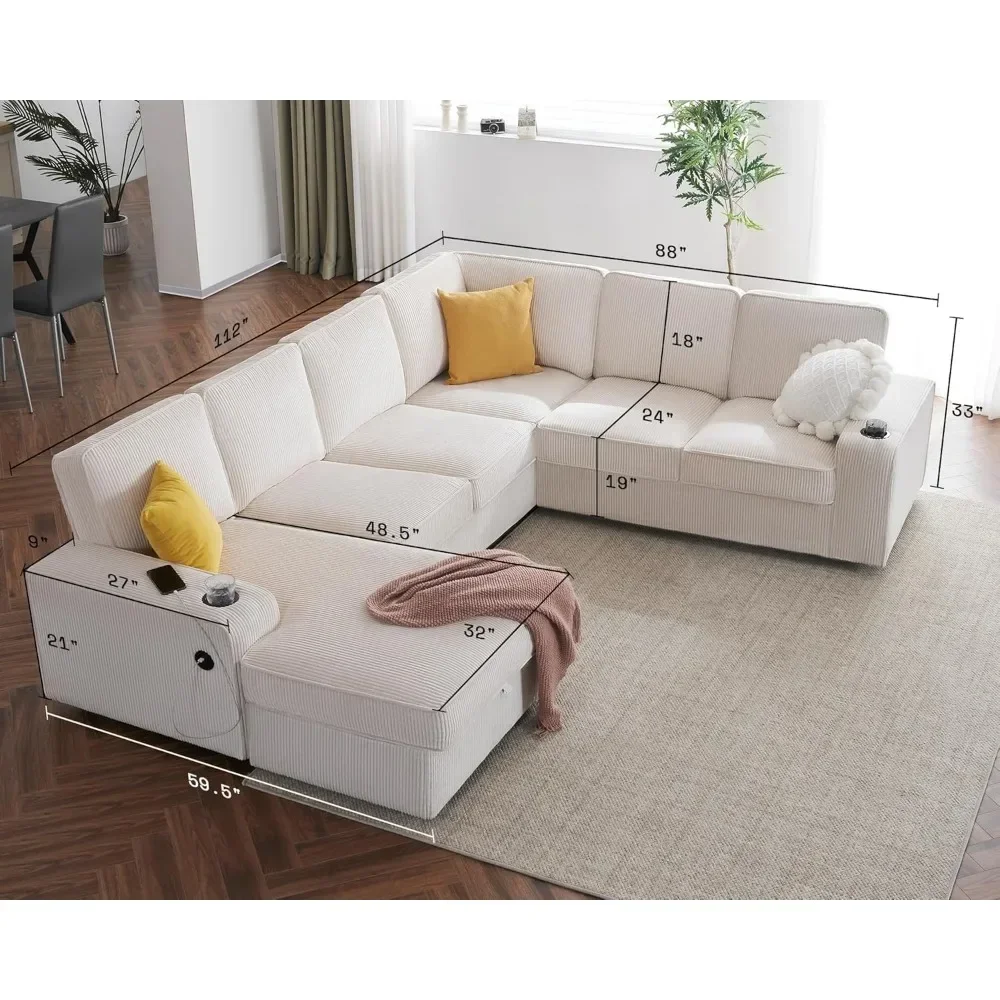 Living Room Sofa, 7-Seater Sofas with USB Ports, Sectional Couch with Storage Chaise, U Shaped Living Room Sofa