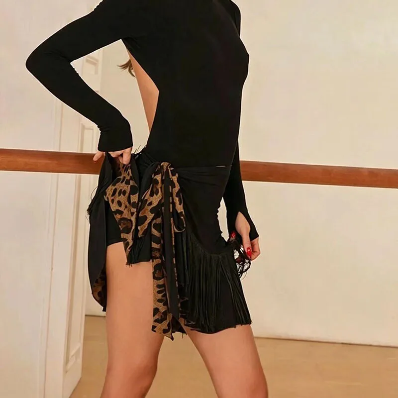 New Women'S Tassel Latin Dance Costume Adults Skirt Female Performance Dance Clothing Sexy Double Sided Wear Leopard Skirt