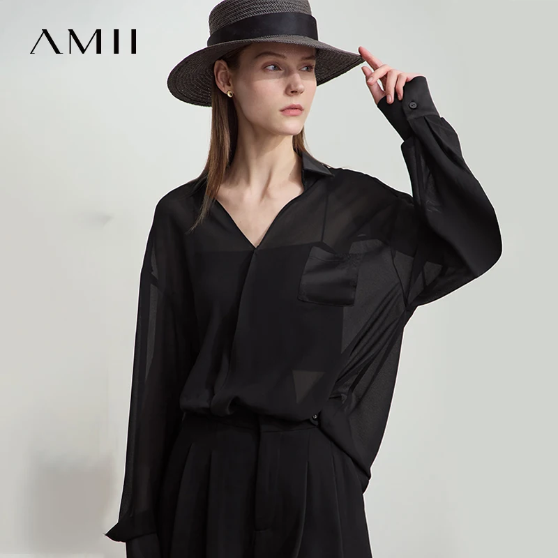 Amii minimalistische chiffon shirts voor dames losse effen V-hals verlaagde schouder lange mouwen dunne doorzichtige losse blouse 12512024