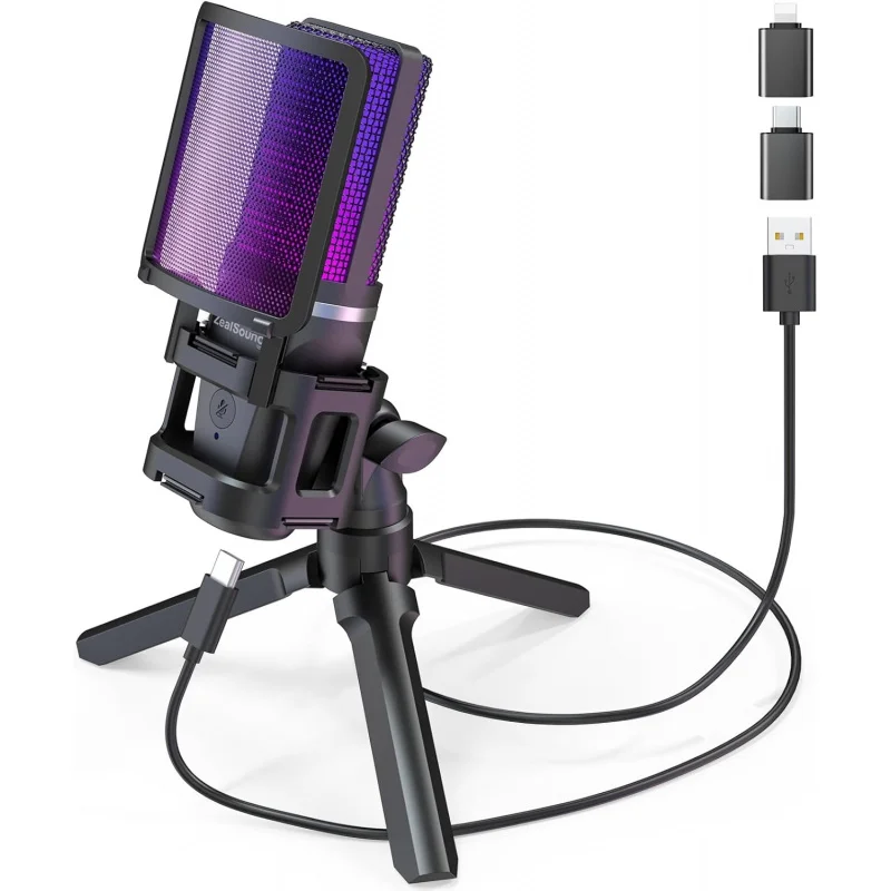 USB Microphone PC,RGB Condenser Computer Mic with Tripod Stand,Quick Mute,Gain Control for Gaming,Streaming