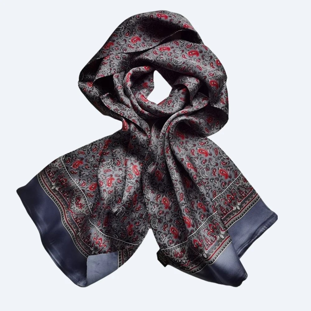 Men's 100% Silk Paisley Scarf Long Double Layer Neckerchief Cravat Grey Red Brown Black