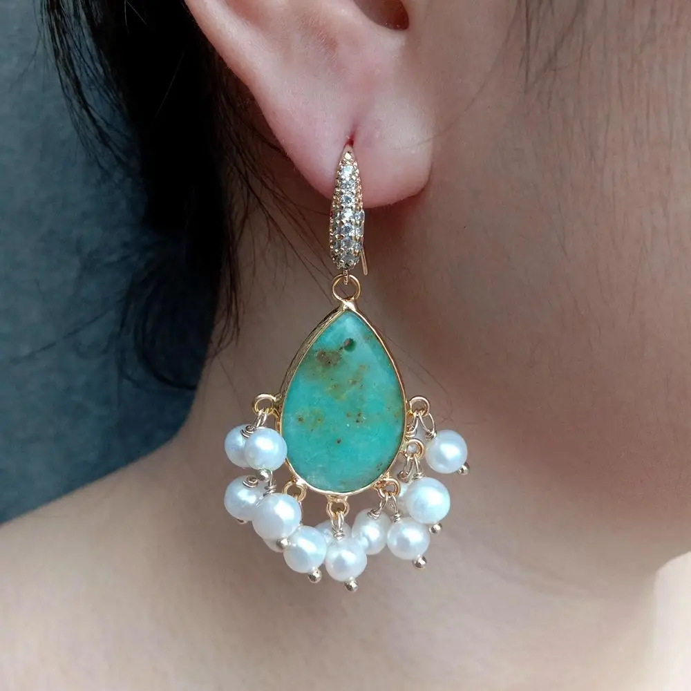 

Y·YING Natural Green Chrysoprase Cultured White Pearl Dangle Earrings Handmade Drop Earring For Women Gift