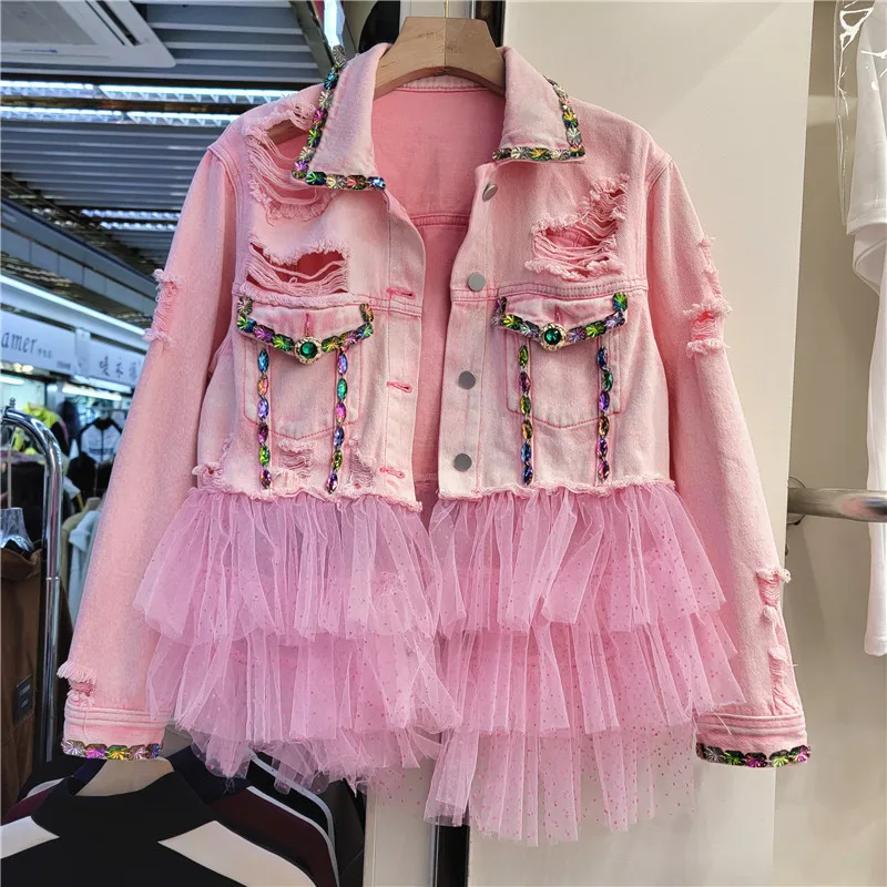 Moda primaverile Giacca di jeans con tasca grande con giunture in rete rosa Donna Fori sottili Capispalla da cowboy Giacca di jeans con diamanti