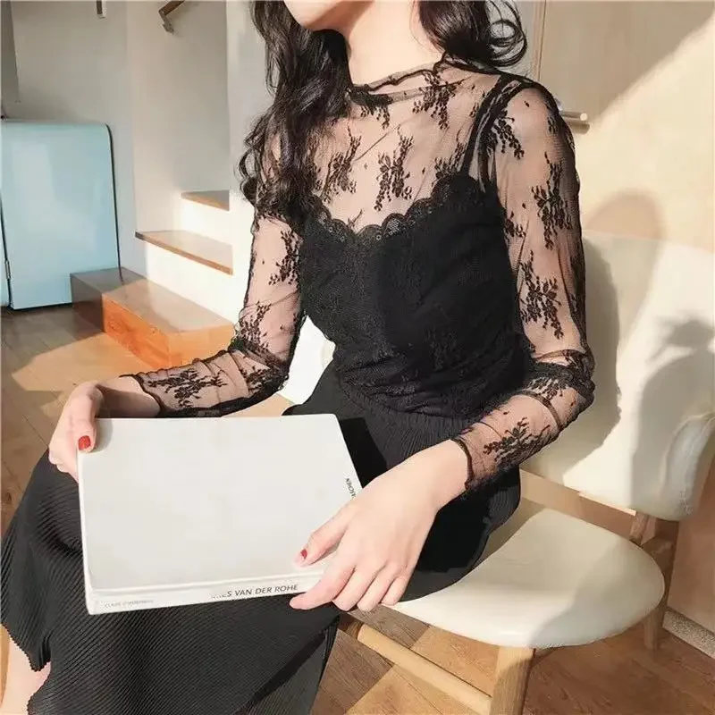 Sexy Women Lace Floral Embroidery Blouses Shirt Women Half High Collar Net Screen Sun Proof T-shirt Lace Ear Edge