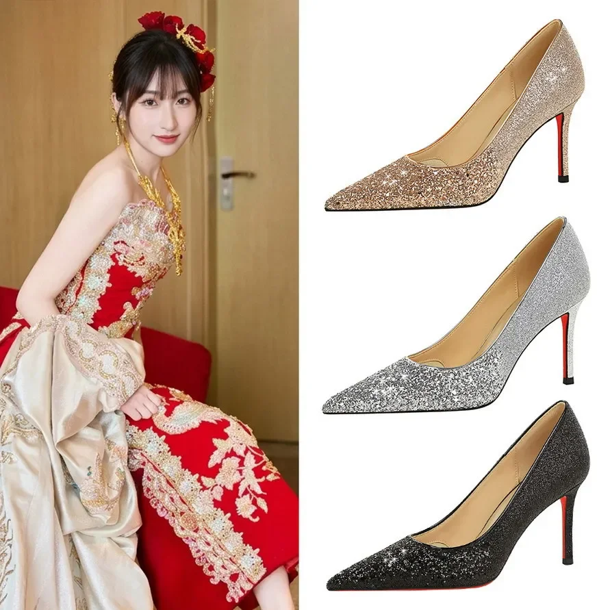 BIGTREE French Women's Pumps and Heels Crystal Wedding Shoes Pointed Toe Slip on High Heels Red Sole Elegant Women's Shoes