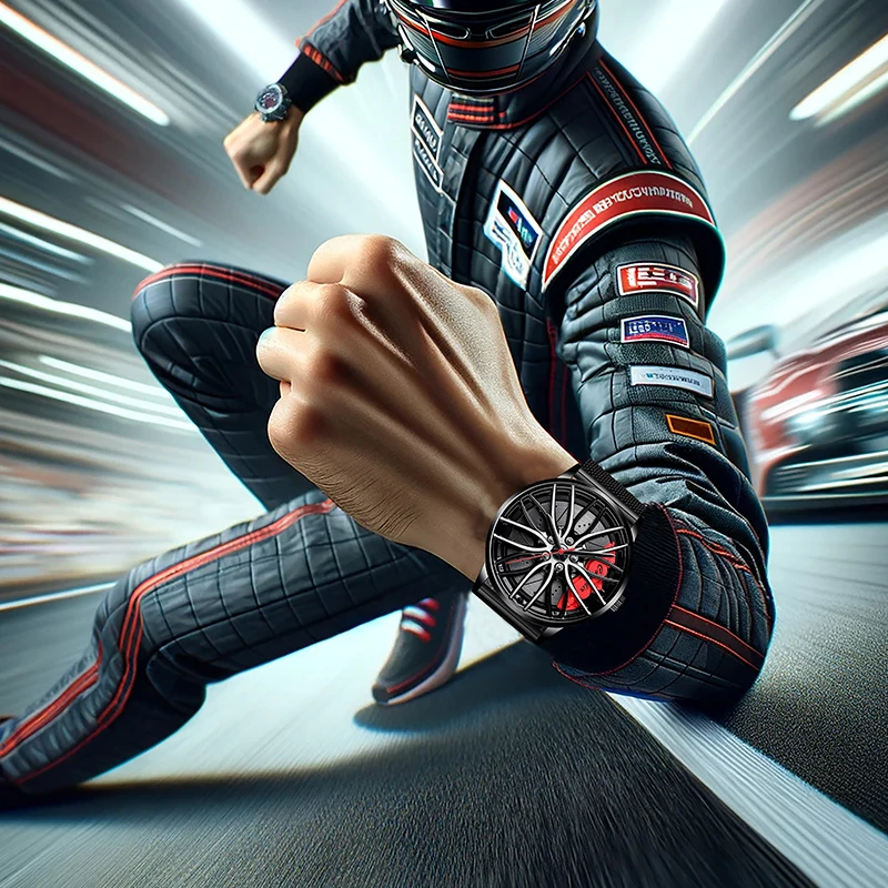 黒と赤のトレンディでスタイリッシュ、そして実用的なメンズクォーツ時計。黒のメッシュバンドが付いています。