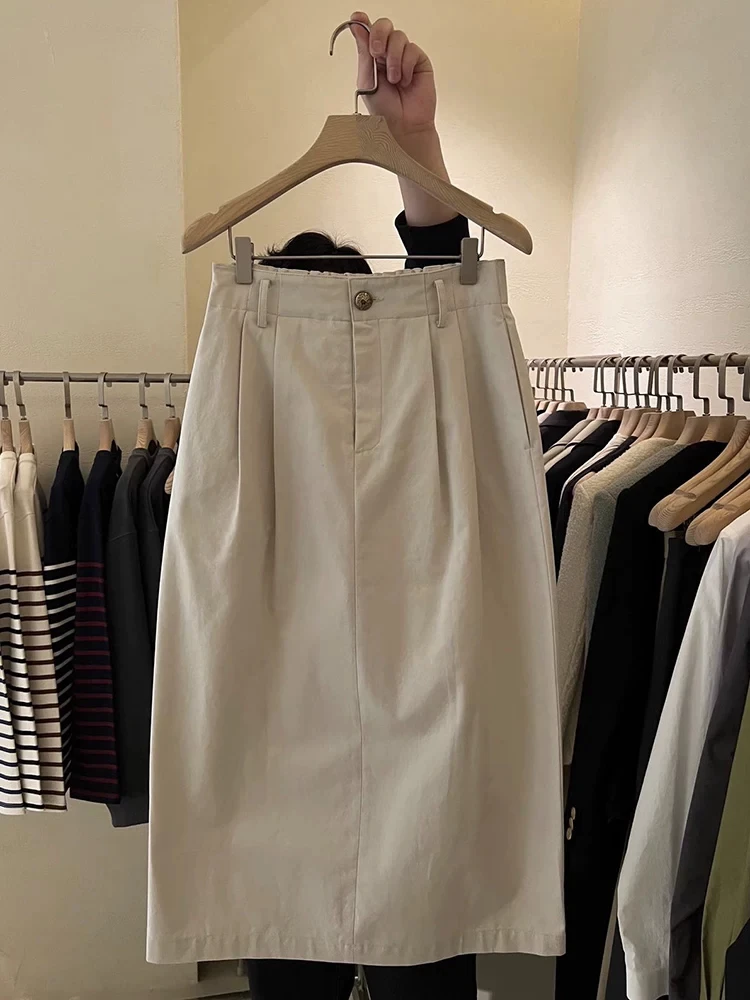 Korean Style High Waist A-Line  Skirt Women's Summer 2026 New Mid-Length Slimming Hip Covering Half Skirt Elegant Beige