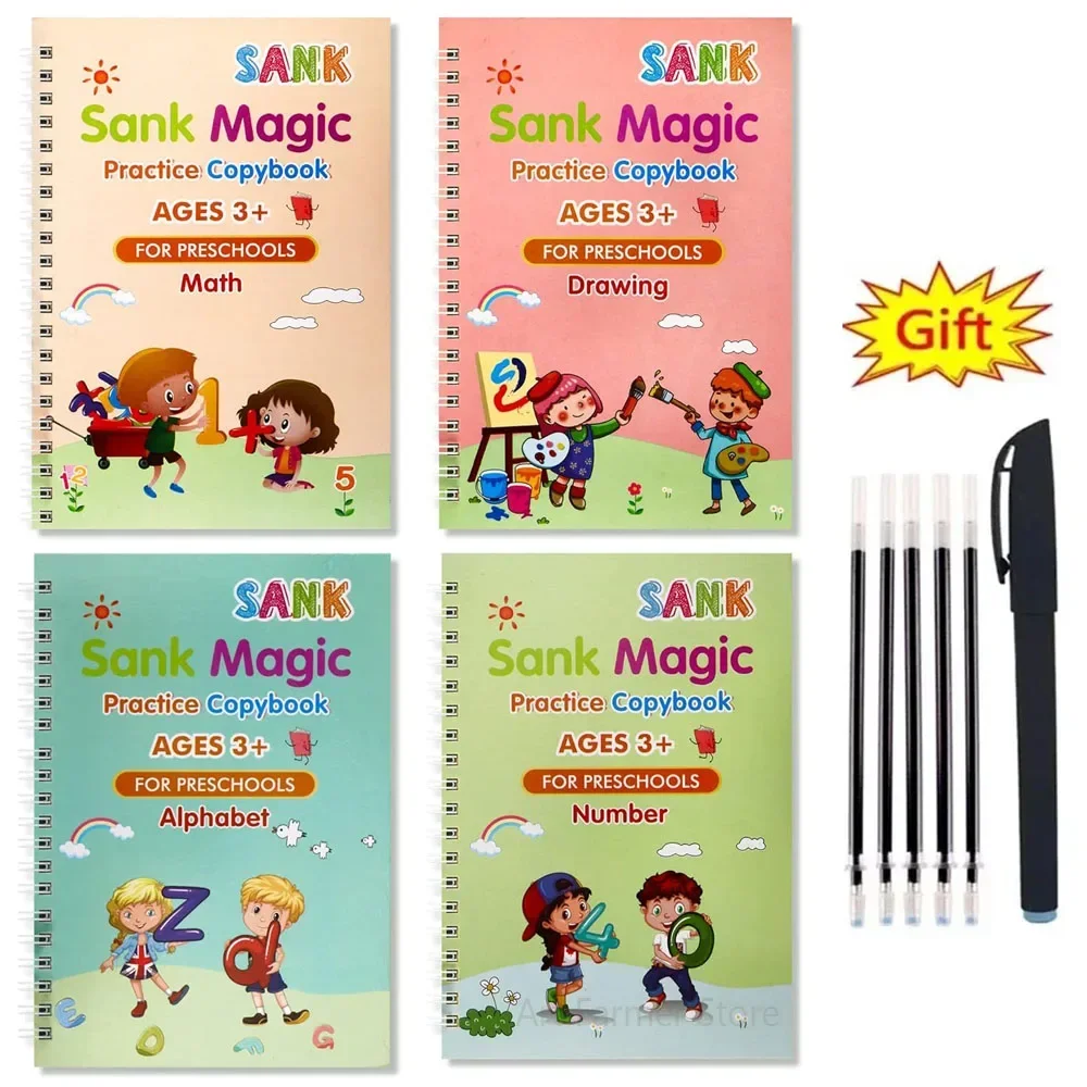 Copybook Inglês para Caligrafia, Magic Copy Book, Limpando Grátis, Caneta Infantil, Kids Writing Sticker, 4 Livros, Montessori