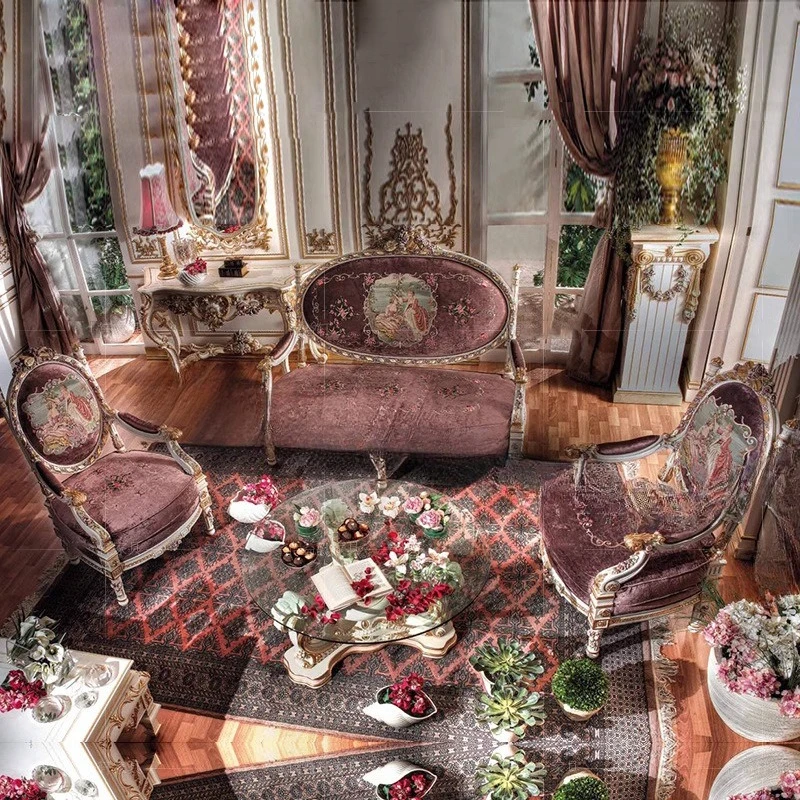 

French fabric court sofa solid wood carving flower European fabric sofa