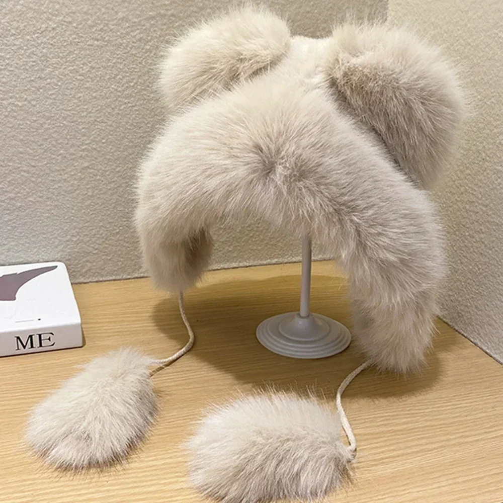 Women Imitation Mink Plush Hat Cute Bear Ear with Ball Kawaii Winter Warm Thickened Bomber Hats JK Cap Ear Protection Cap