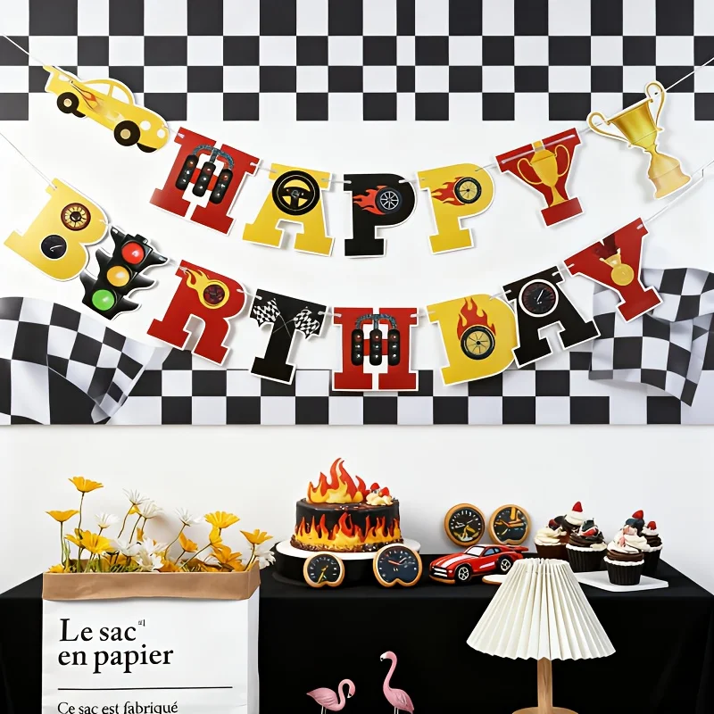Race Car Happy Birthday Banner Racing Driver Pennant Flag Kids Race Theme Birthday Party Hanging Background Decor Supplies