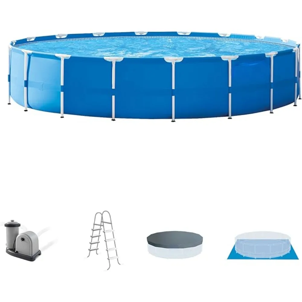 

18 Foot x 48 inch metal frame outdoor above ground swimming pool with filter pump, ladder, floor cloth, and pool cover