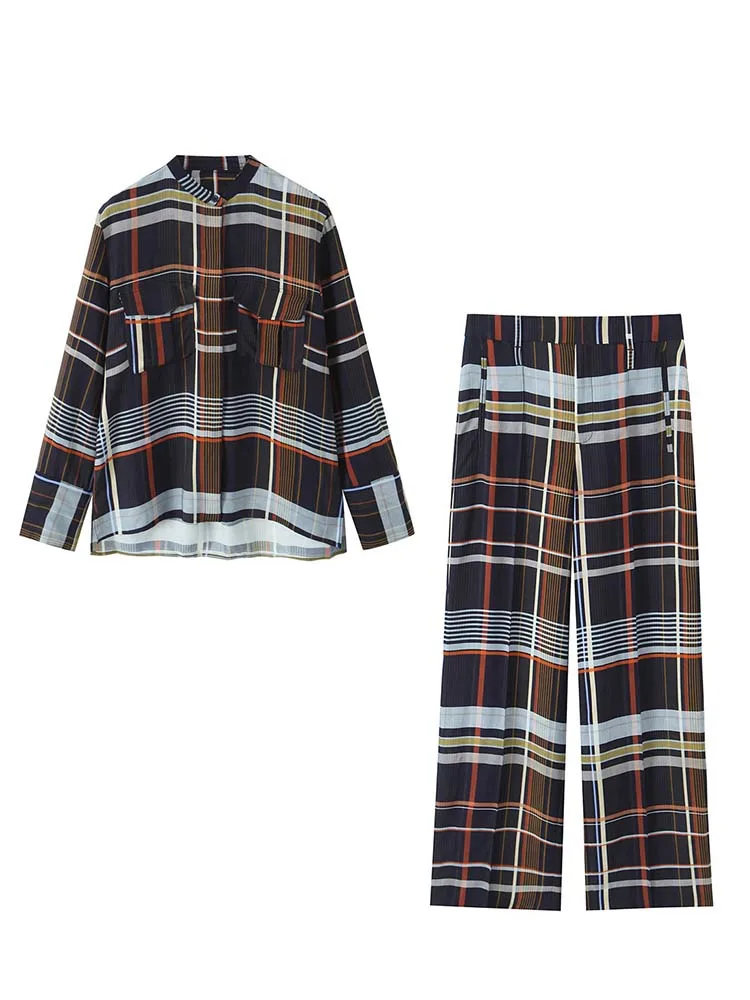 Conjunto de camisa a cuadros de moda urbana para mujer, Tops de manga larga, pantalones de pierna ancha, trajes informales de verano 2025