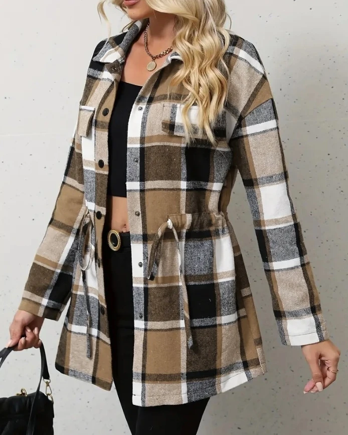 

Womens Coat Temperament Commuting Plaid Pattern Turn-down Collar Flap Detail Drawstring Slim Waist Button Front Long Sleeve Coat