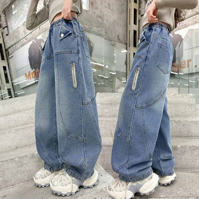 جينز بناتي لربيع وخريف 2025 بأرجل واسعة موضة الأطفال سراويل دينم غير رسمية للأطفال تصميم ريترو مستقيم الساق سراويل فضفاضة