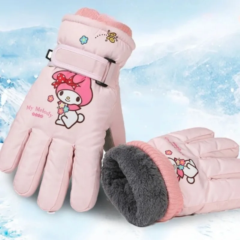 Melody Kuromi Winter Children Fleece Gloves Waterproof Outdoor Ski Warm Outdoor Cycling Gloves Windproof Cold Resistant Sanrio