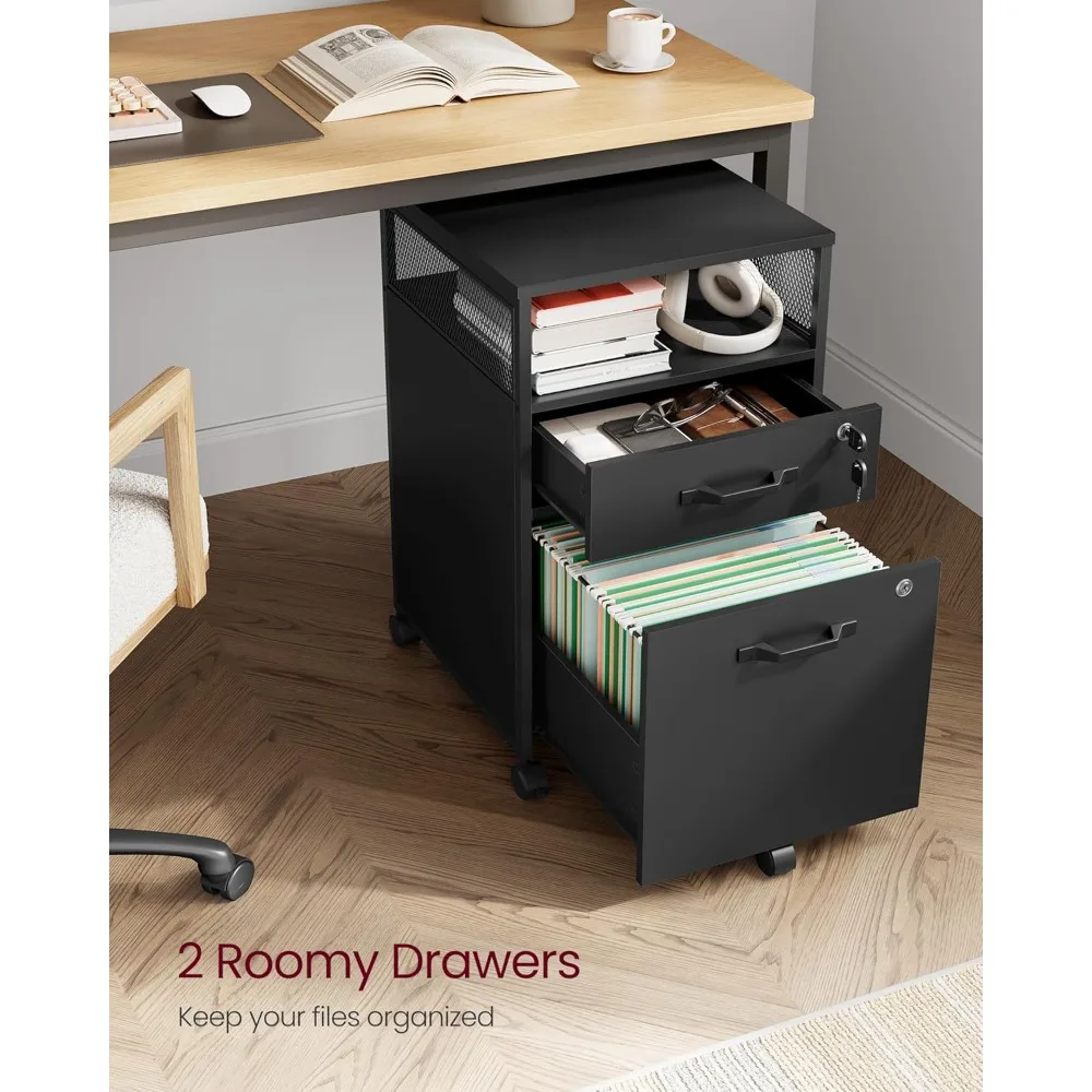 خزانة ملفات متنقلة بعجلات، درجين قابلين للقفل ورف مفتوح لتنظيم المكاتب، أسود
