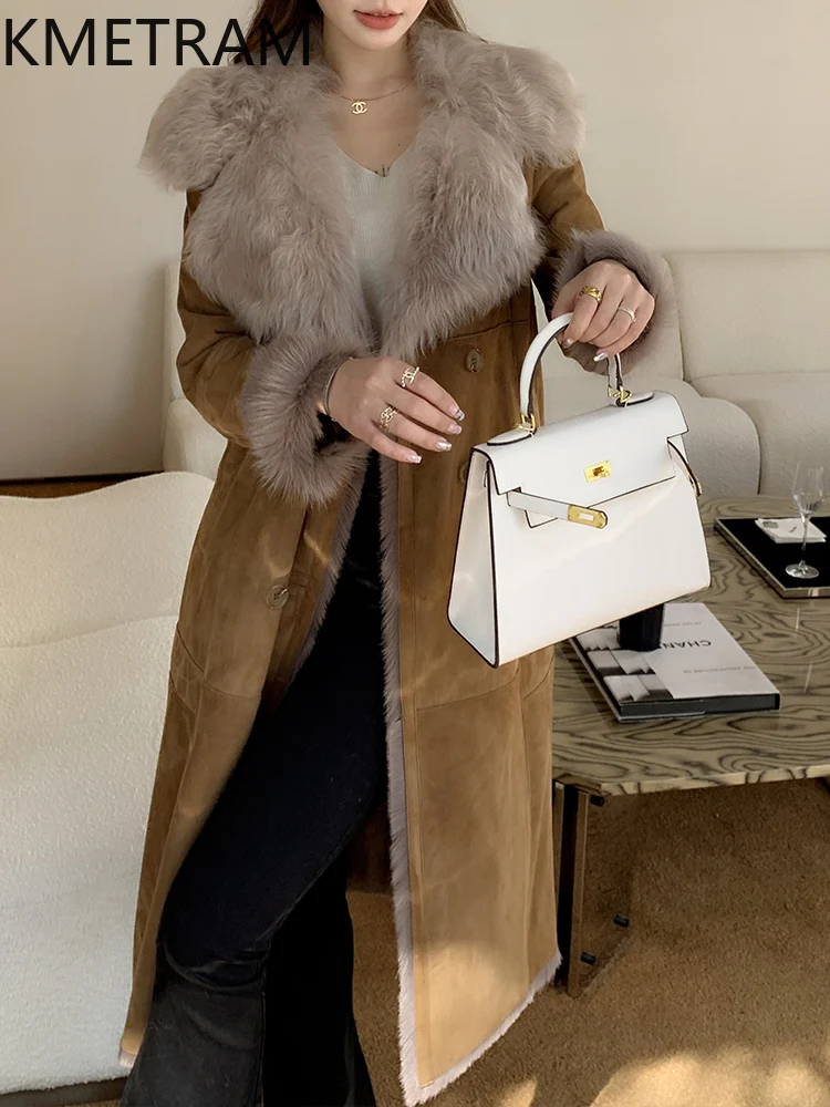 Natural Goatskin Wool Double Faced Fur Jacket Women Luxury Long Real Fur Coat Xiaohu Wool Collar Winter Woman Clothing 2025 шуба